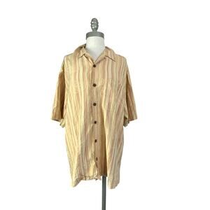 Joseph & Feiss 100% Silk Shirt Men"s Large Beige Striped, Floral Wood Button
